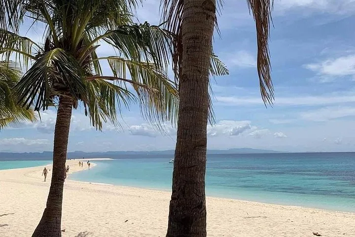 Palmbomen op een wit zandstrand op Kalanggaman Island met uitzicht op de oceaan